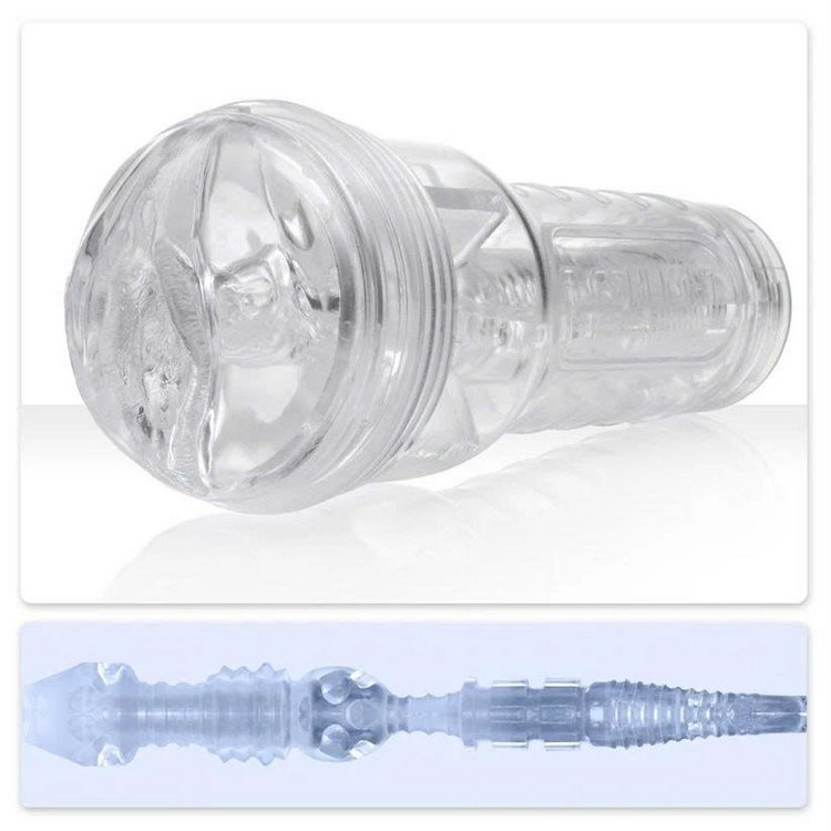 Ice Fleshlight đặt nghiêng, hiển thị chi tiết chất liệu SuperSkin™ mềm mại và đàn hồi